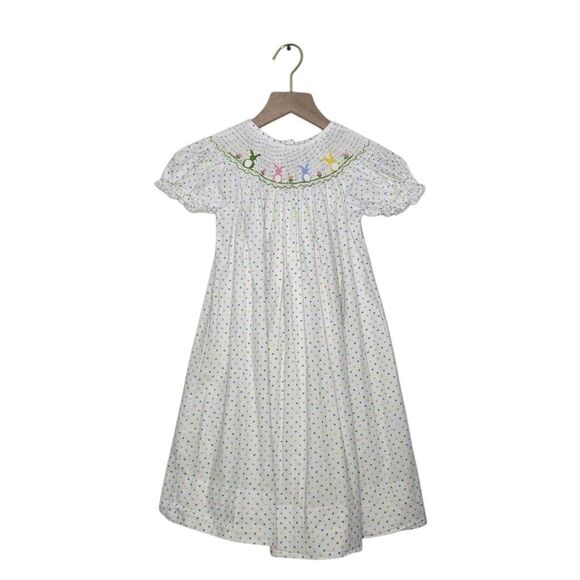Delaney Girls Dress Size 4 Smocked Easter Bunny Polka Dots Button Back - Picture 1 of 7
